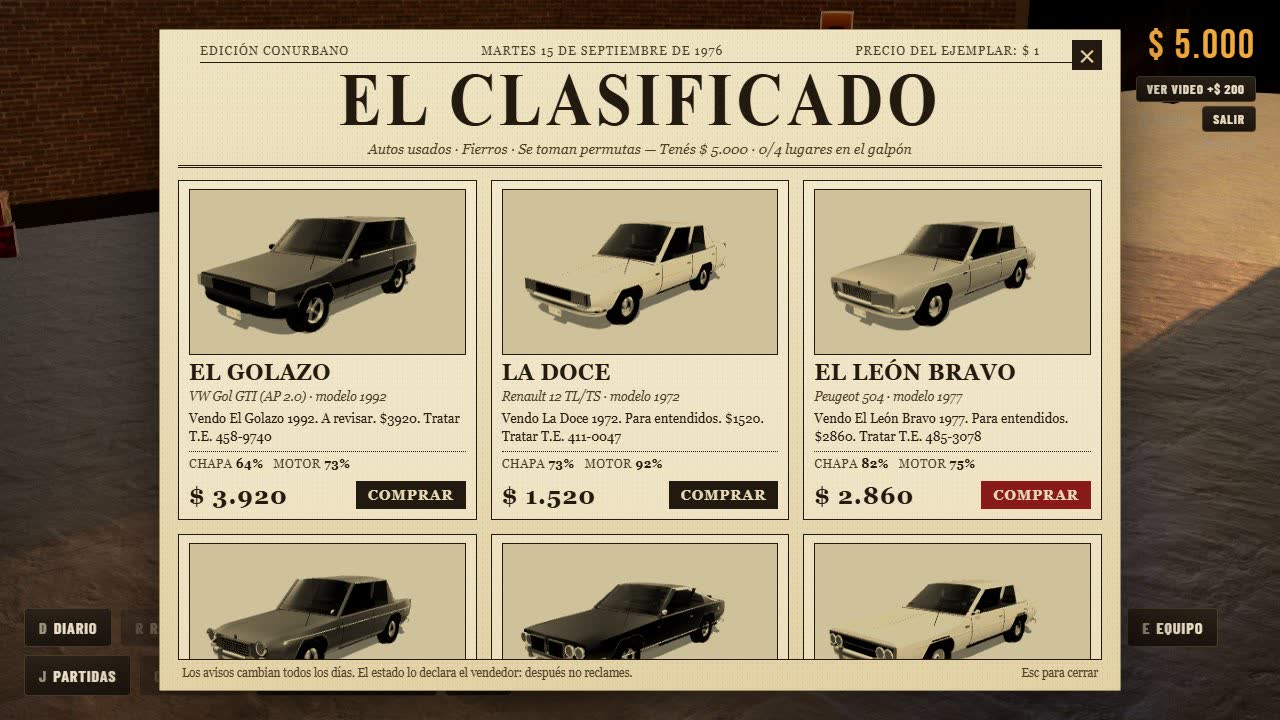 El Clasificado, el diario del juego, mostrando autos usados en venta con precio y estado de chapa y motor